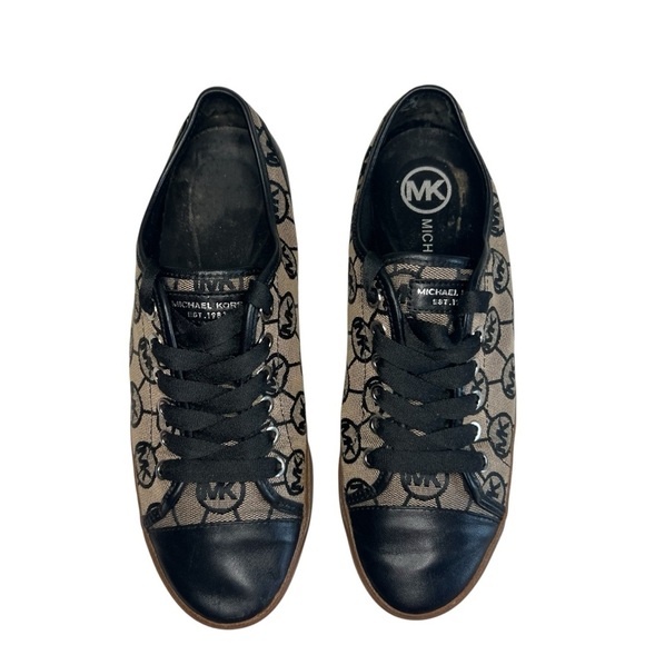 Michael Kors MK City Black and Brown Monogram Leather Canvas Sneakers Size 7.5 - Picture 2 of 12